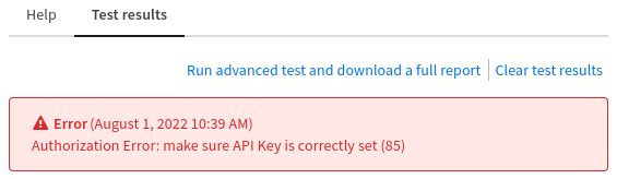 Test configuration, example of failed test