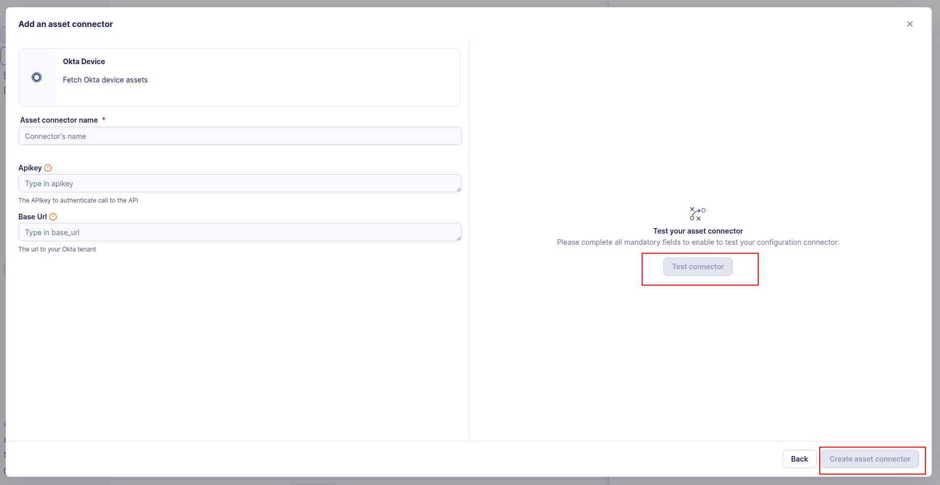 Connector test result and Create asset connector button highlighted