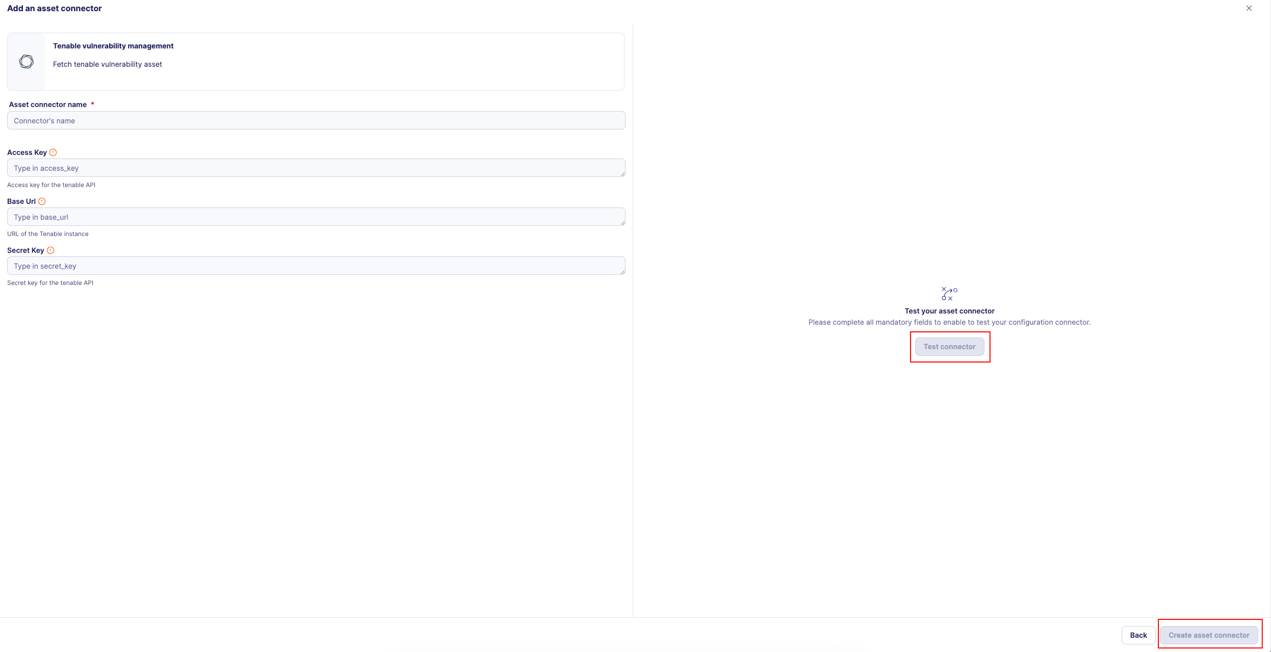 Connector test result and Create asset connector button highlighted
