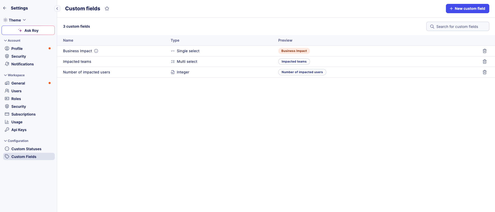 Custom Fields Settings