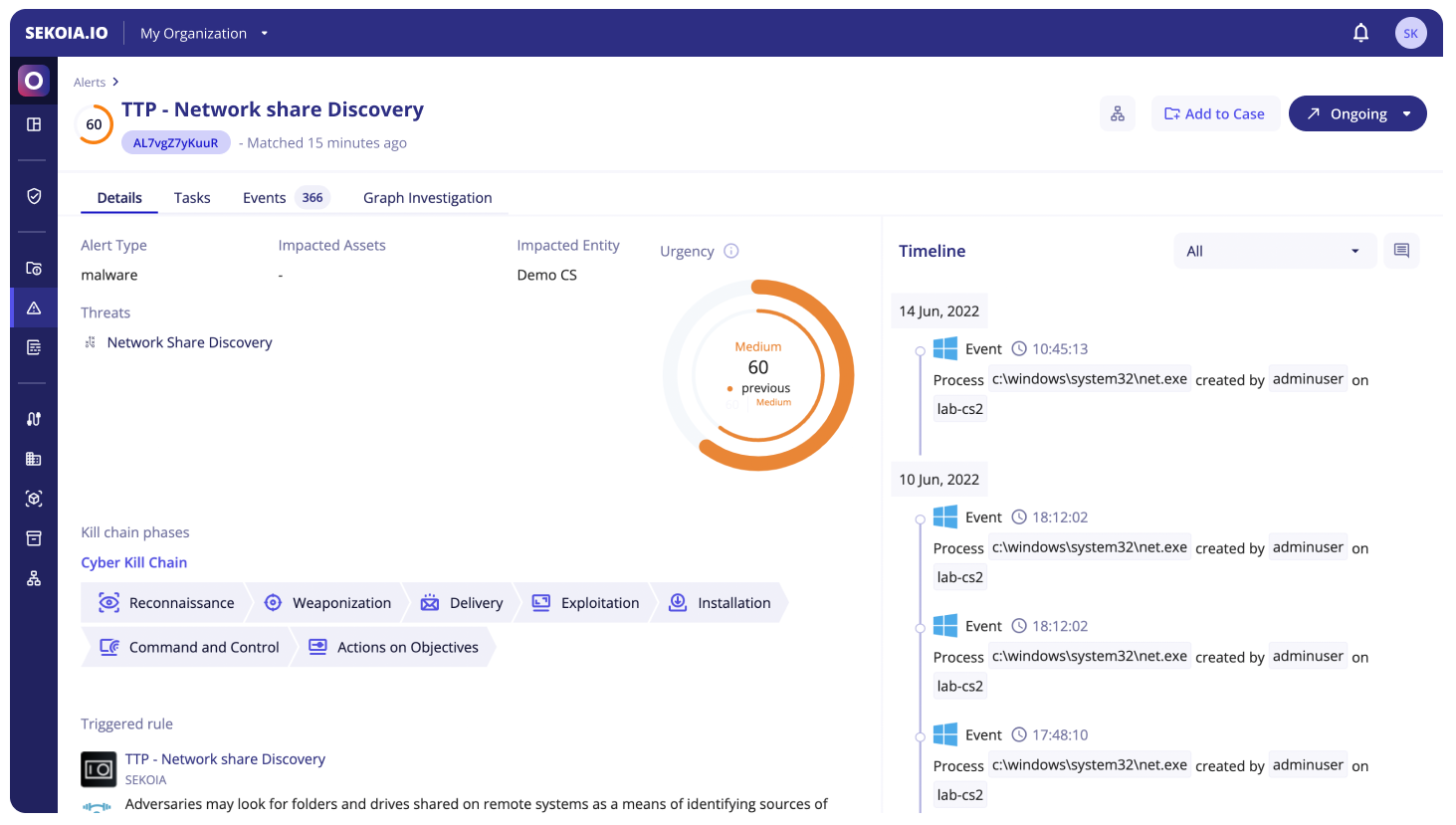 Alert detail page with urgency, status, and navigation tabs