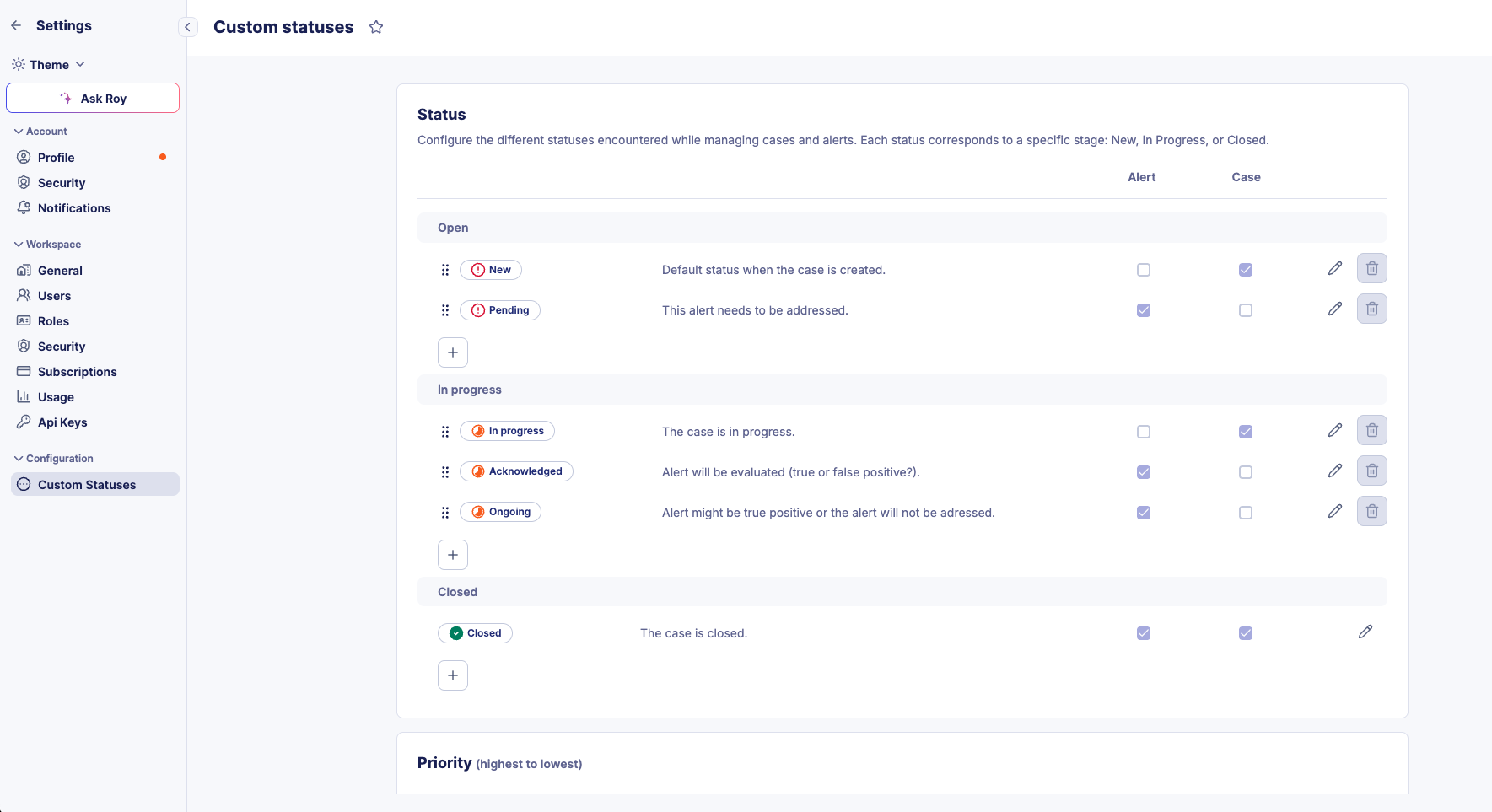 Custom Statuses configuration page with Alert and Case columns