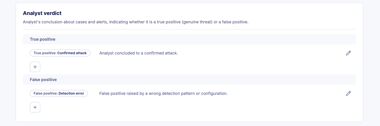 Custom verdicts configuration page with verdict categories