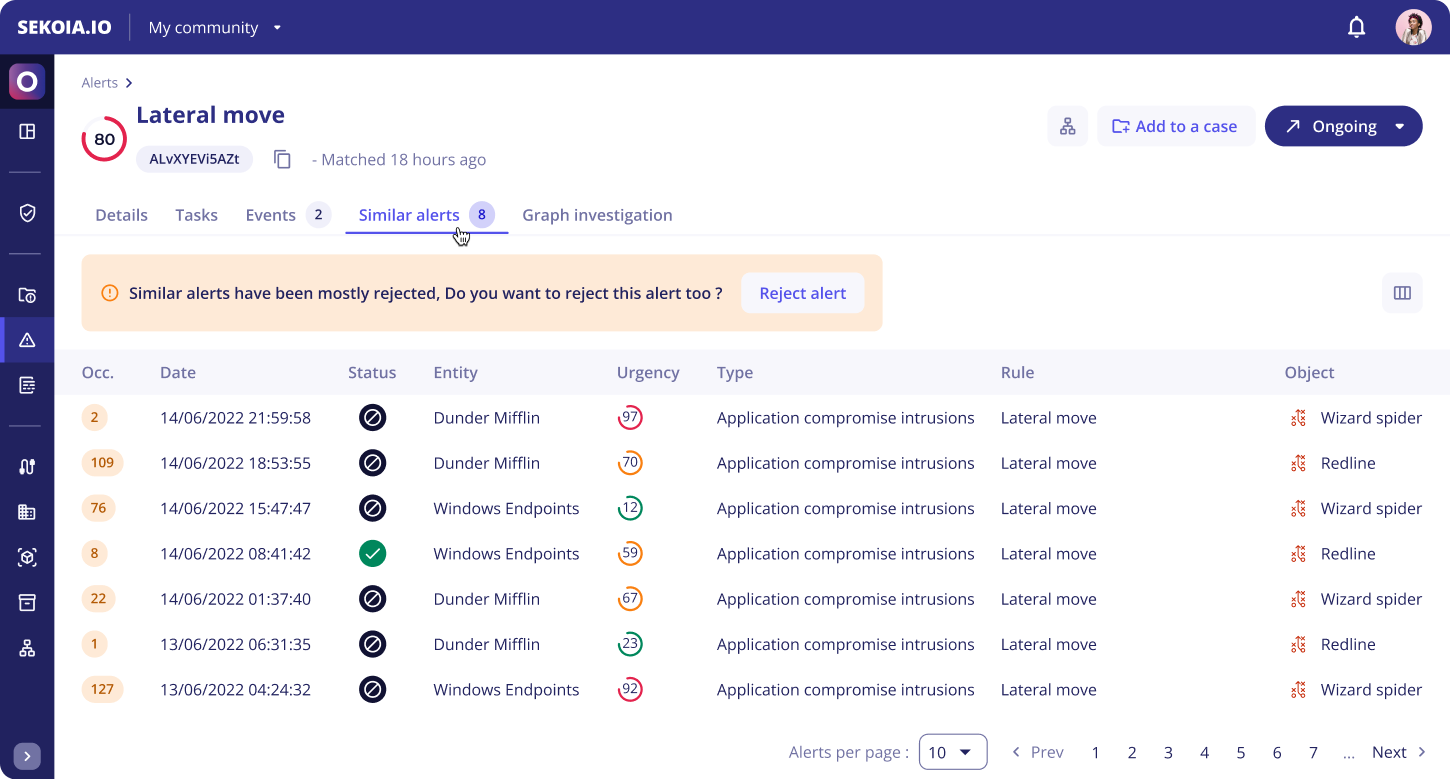 Similar alerts tab with suggestion message and customizable table