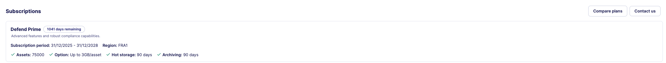 Navigation to Settings > Subscription to view hot and cold storage days