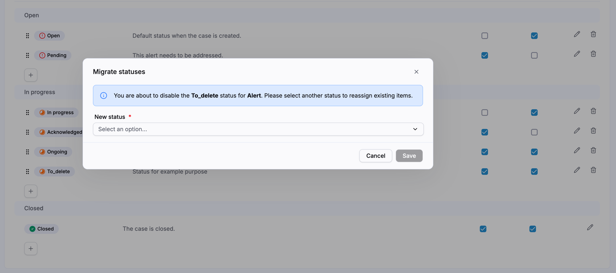 Migrate statuses window