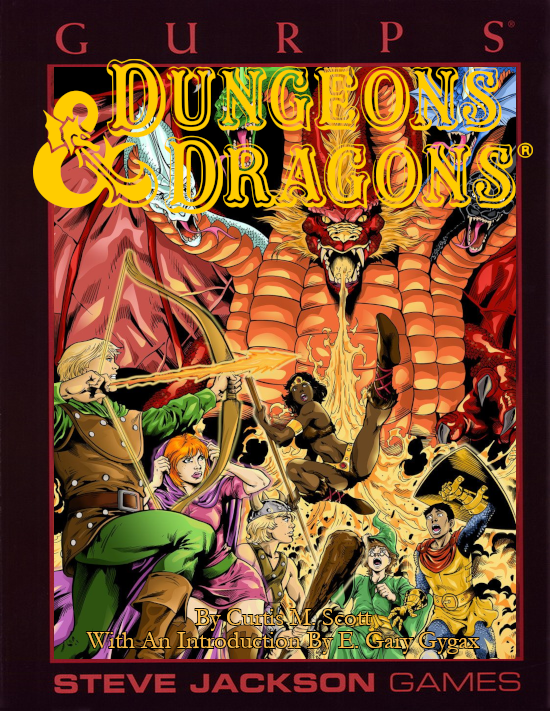 Cover of GURPS D&D book. Characters from D&D cartoon fighting a multi-headed dragon.