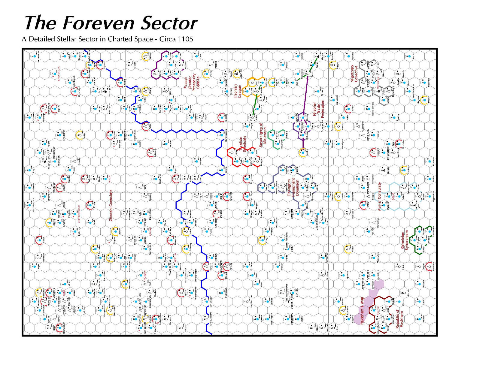 Large Traveller hexmap of the Foreven sector, with various empires outlined in color.