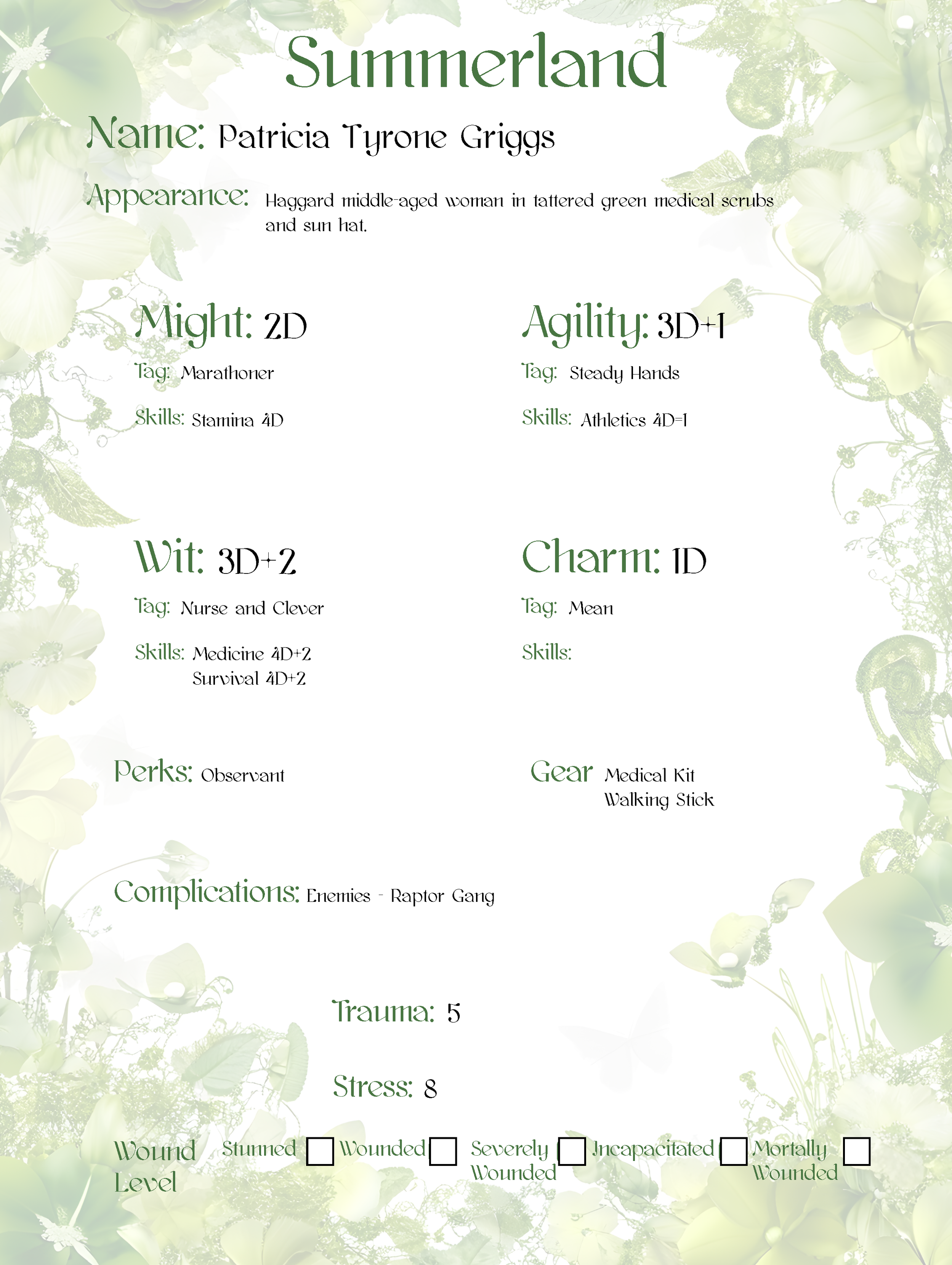 Character sheet for Summerland RPG. Green, leafy, page border.