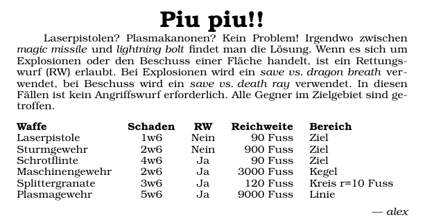 Piu piu!! Laserpistolen? Plasmakanonen? Kein Problem! Irgendwo zwischen magic missile und lightning bolt findet man die Lösung. Wenn es sich um Explosionen oder den Beschuss einer Fläche handelt, ist ein Rettungswurf erlaubt. Bei Explosionen wird ein save vs. dragon breath verwendet, bei Beschuss wird ein save vs. death ray verwendet. In diesen Fällen ist kein Angriffswurf erforderlich. Alle Gegner im Zielgebiet sind getroffen.

Laserpistole 1w6 Schaden, kein Rettungswurf, Reichweite 90 Fuss, ein Ziel

Sturmgewehr 2w6 Schaden, kein Rettungswurf, Reichweite 900 Fuss, ein Ziel

Schrotﬂinte 4w6 Schaden, mit Rettungswurf, Reichweite 90 Fuss, ein Ziel

Maschinengewehr 2w6 Schaden, mit Rettungswurf, Reichweite 3000 Fuss, Kegel

Splittergranate 3w6 Schaden, mit Rettungswurf, Reichweite 120 Fuss, Kreis mit 10 Fuss Radius

Plasmagewehr 5w6 Schaden, mit Rettungswurf, Reichweite 9000 Fuss, Linie
