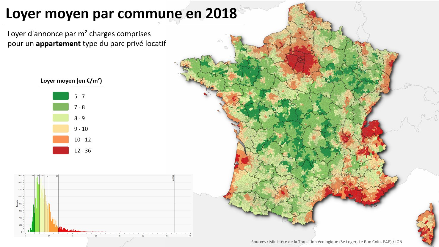 Carte du loyer moyen par commune en 2018