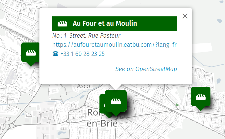 Showcasing a popup for a bakery from OSM data