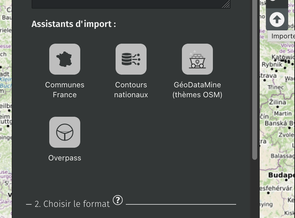 Capture d'écran des assistants d'import actuellement activés sur l'instance OSM.