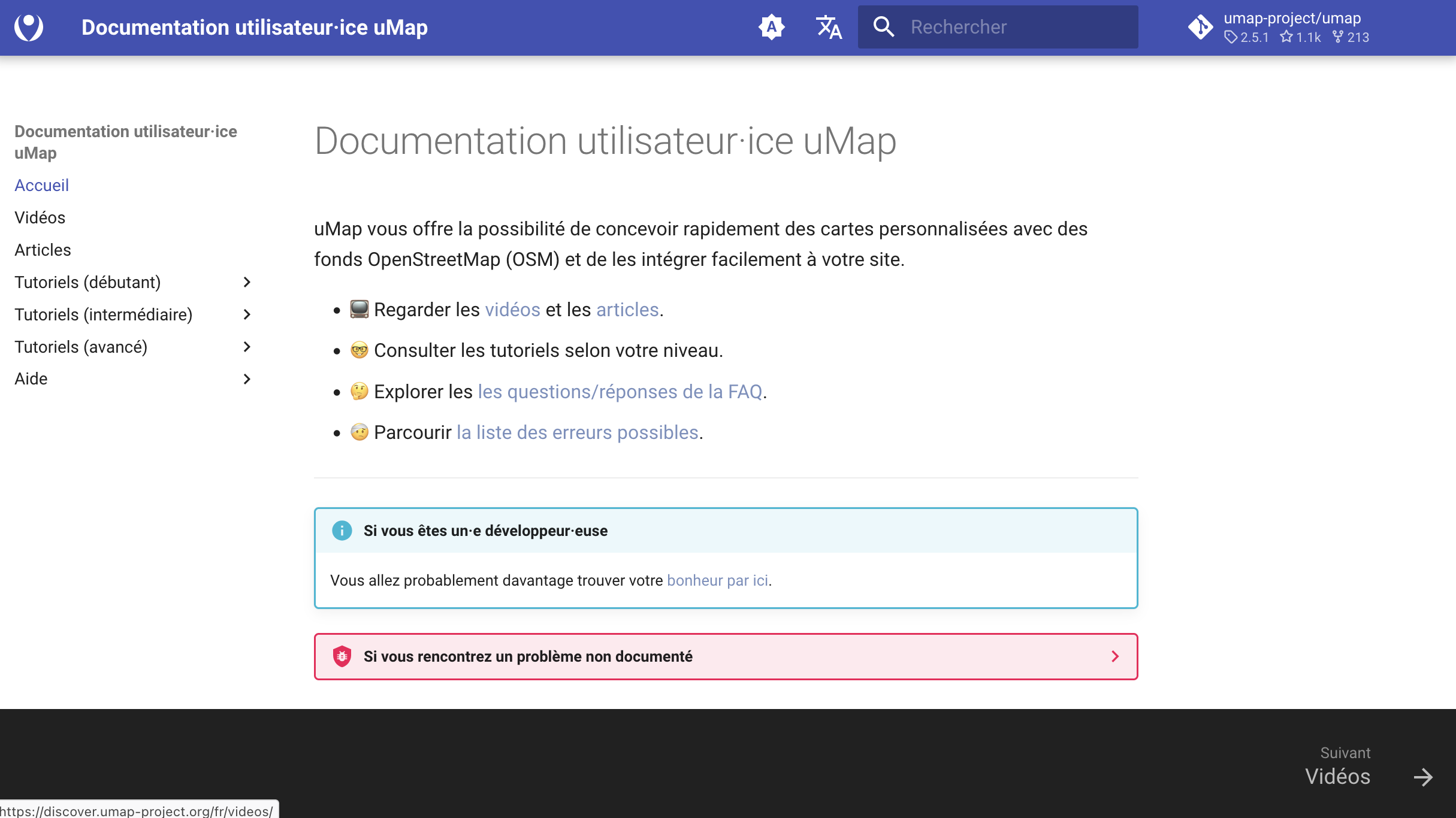 Capture d'écran du site discover.umap-project.org en français.
