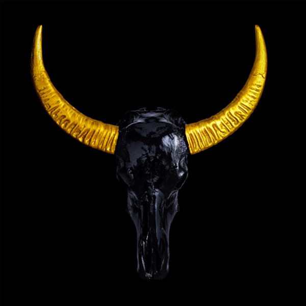 Chinese Water Buffalo Skull Print Black Skull With Gold Horns On