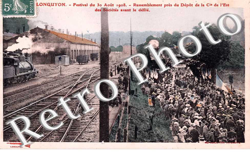 festival du 30 aout 1908 - rassemblement pres du depot de la Cie. de l'Est des societes avant le defile