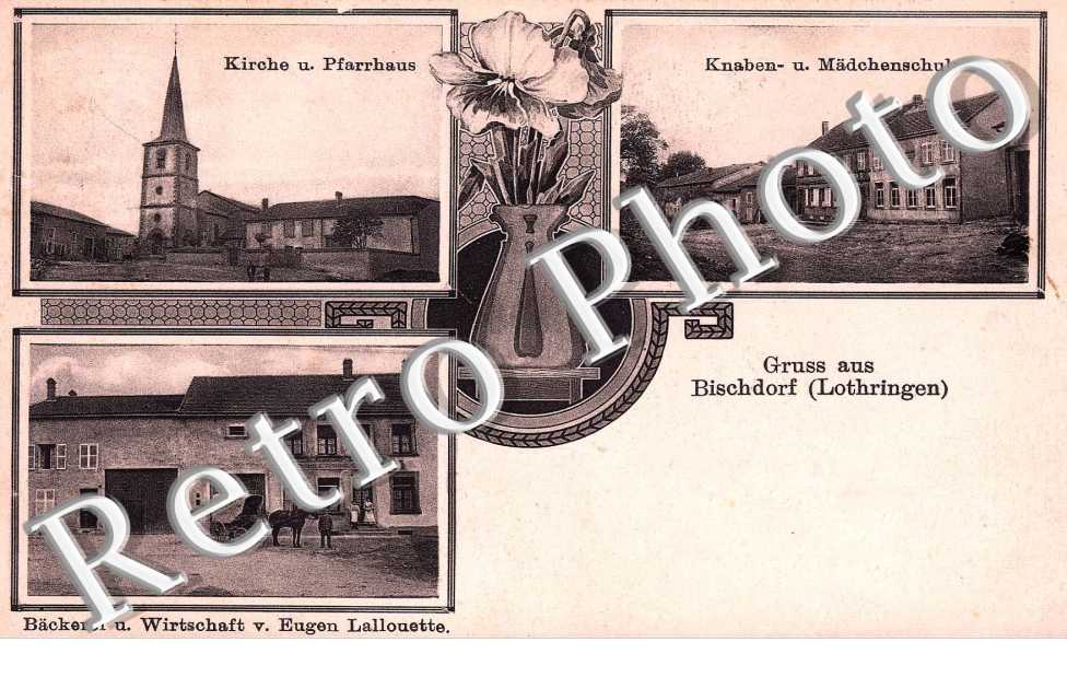 kirche u. pfarrhaus, backerei u. wirtschaft v. Eugen Lallouette, knaben- u. Madchenschule