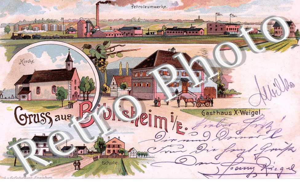 Gruss aus ... Petroleumwerke. Gasthaus X. Weigel. Kirche. Bahnhof. Schule.