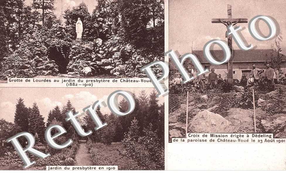 Grotte de Lourdes au jardin du Presbytere de Chateau Voue,  Croix de Mission