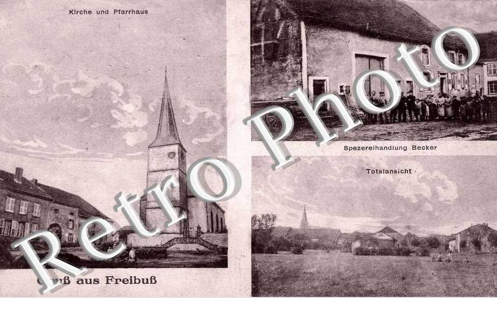 Kirche und Pfarrhaus, Totalansicht, Spezereihandlung Becker