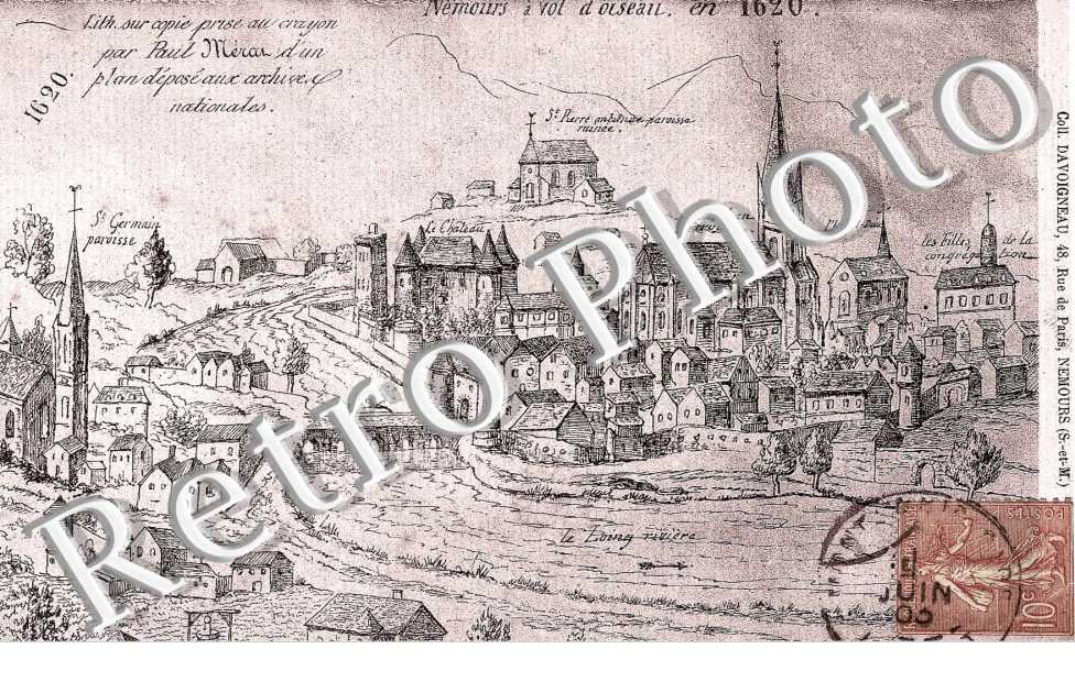 NEMOURS A VOL D'OISEAU EN 1620 (LITHO)