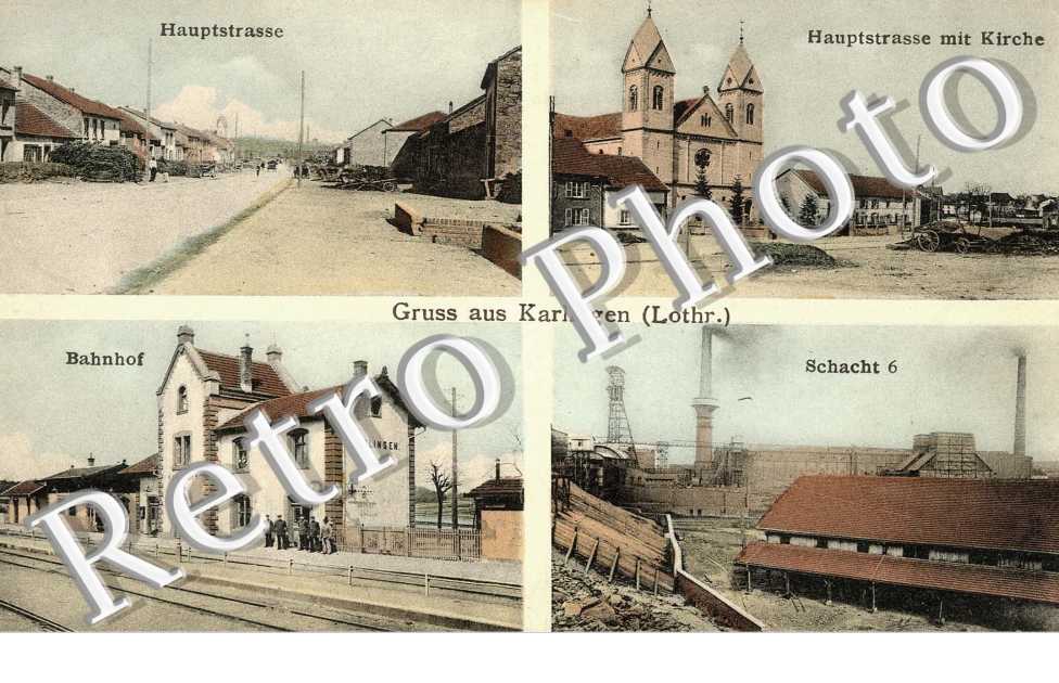 Gruss aus Karling - Kirche - bahnhof - Schacht - Haupstrasse - carte multivues