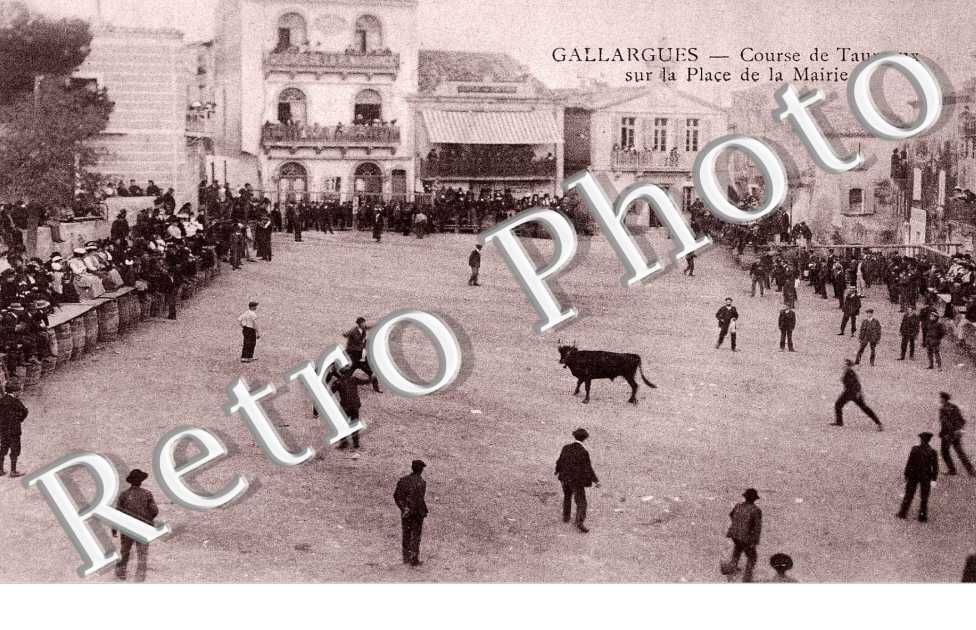 course de taureaux sur la place de la Mairie