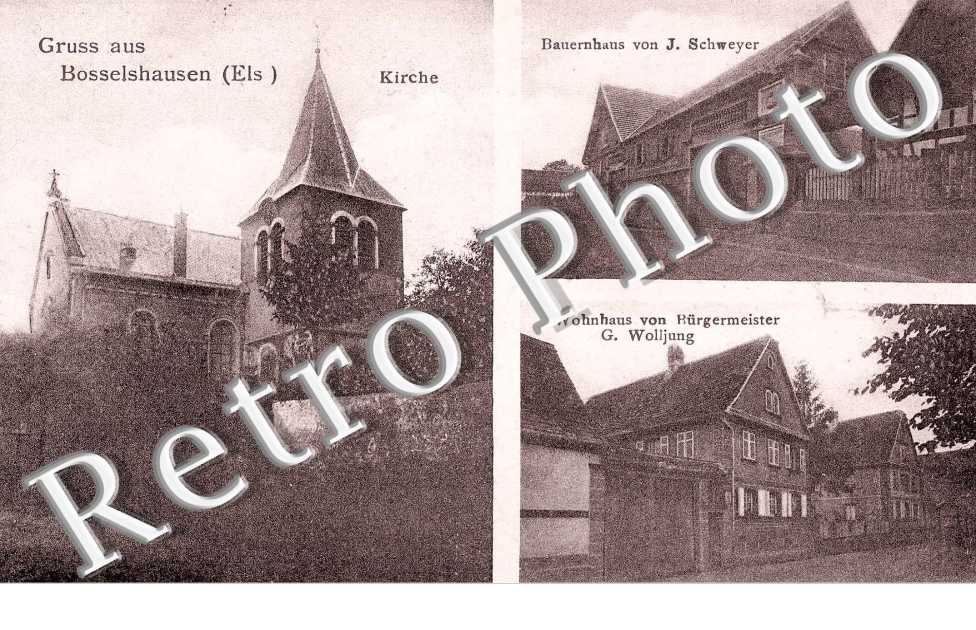 Gruss aus ... Kirche. Bauernhaus von J. Schweyer. Wohnhaus von Burgermeister G. Wolljung