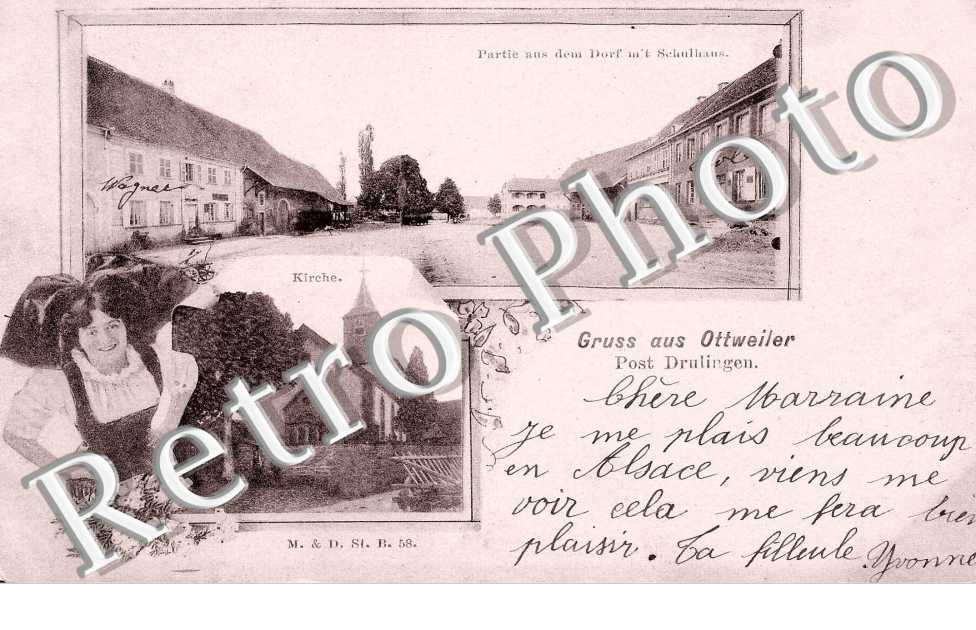 Gruss aus ... Partie aus dem Dorf mit Schulhaus  -  Kirche