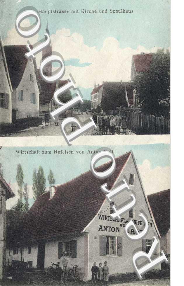 Wirtschaft zum Hufeisen von Anton Kalt  Hautpstrasse mit Kirche und Schulhaus