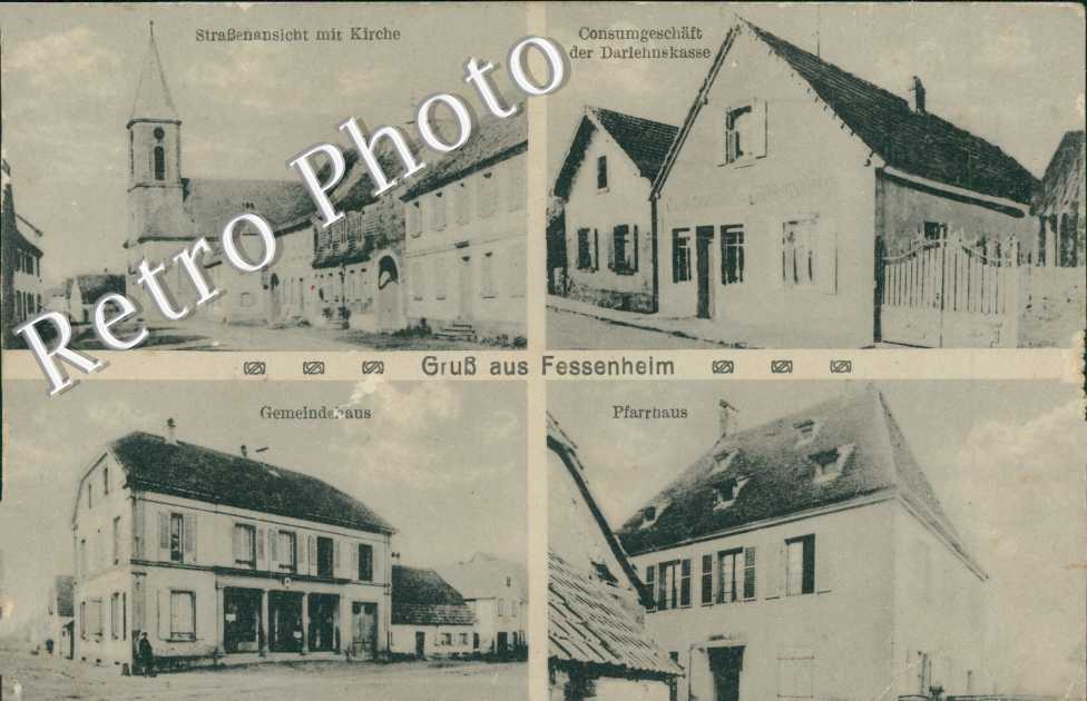 Strassenansicht mit kirche - Consumgeschaft der Darlehnskasse - Gemenidehaus - Pfarr haus