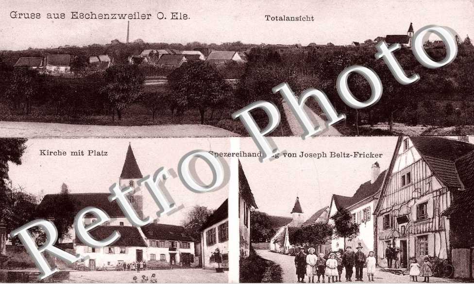Totalansicht Kirche mit Platz  Spezereihandlung von Joseph Beltz-Fricker
