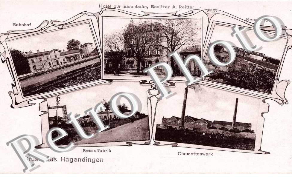 Hotel zur Eisenbahn, Besitzer A. Reitter  La gare Nouveau pont  Kessekfabrik  Chamottenwerk