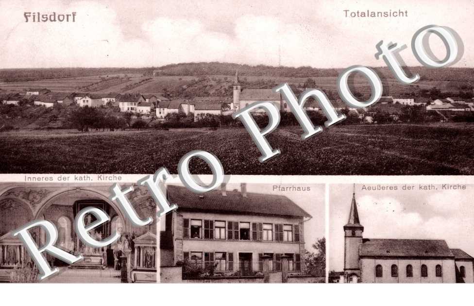 Totalansicht, Pfarrhaus, Inneres der katholische Kirche, Aeusseres der katholische Kirche