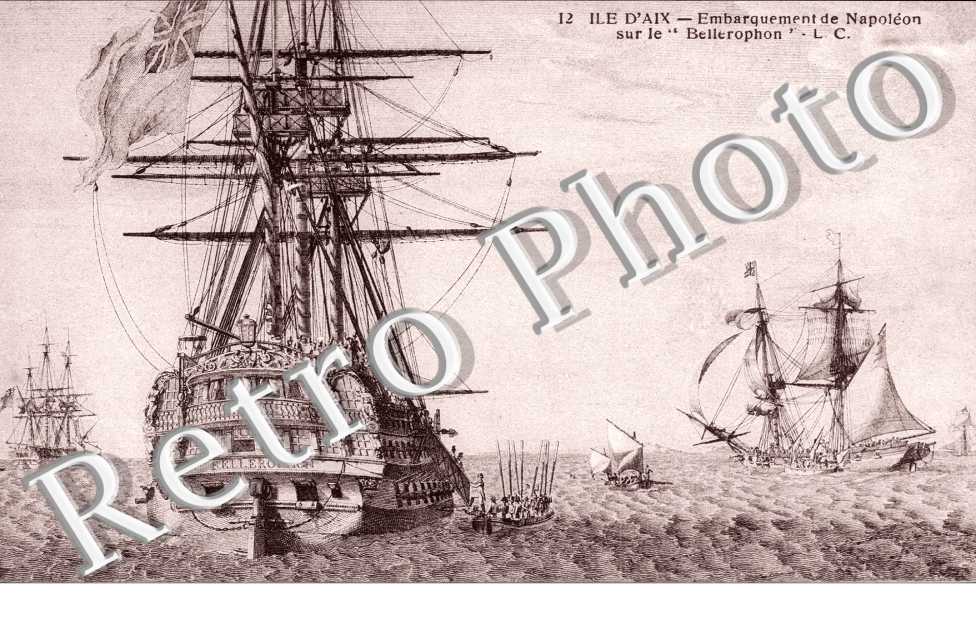 Embarquement de Napoleon sur le "Bellerophon" - carte style dessin