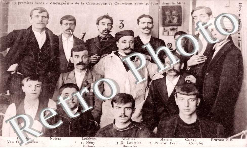 les 13 premiers heros "escapes" de la catastrophe de Courrieres apres 20 jours dans la mine