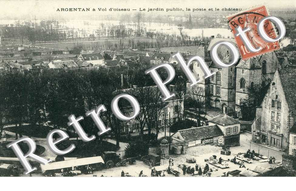 Argentan a vol d'oiseau, le Jardin public, la Poste et le Chateau