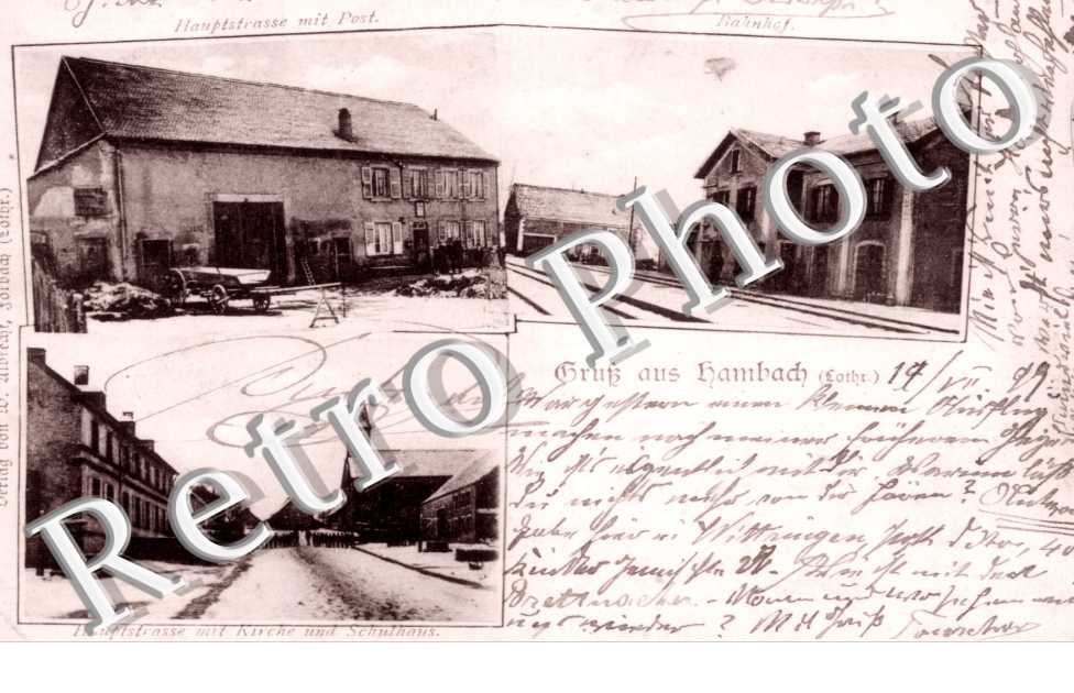 Hauptstrasse mit Post, Kirche und Schulhaus - Bahnhof