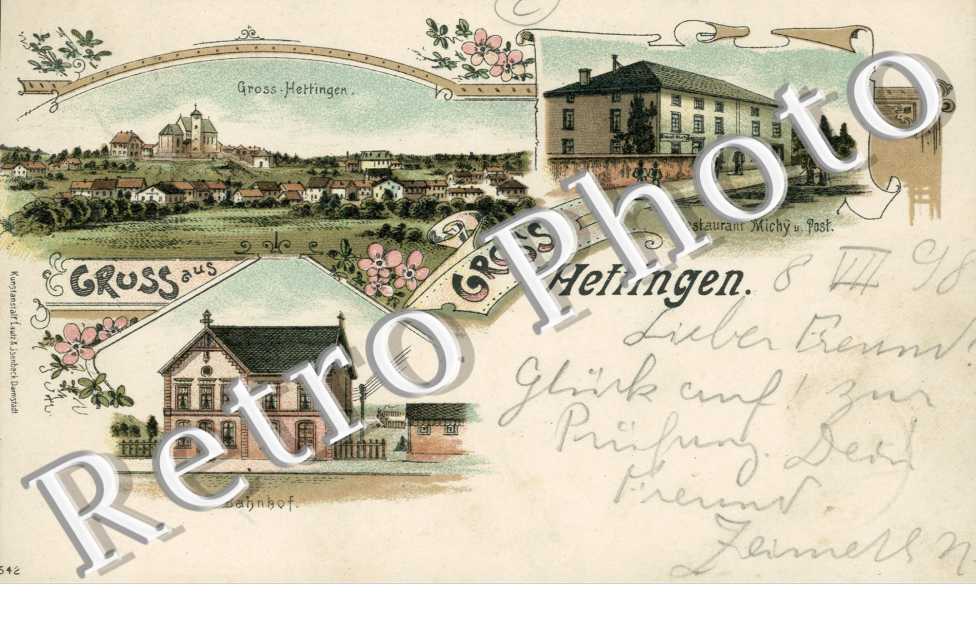Gross Hettingen -  carte fantaisie couleur - vue generale, Bahnhof, restaurant Michy u Post 1898