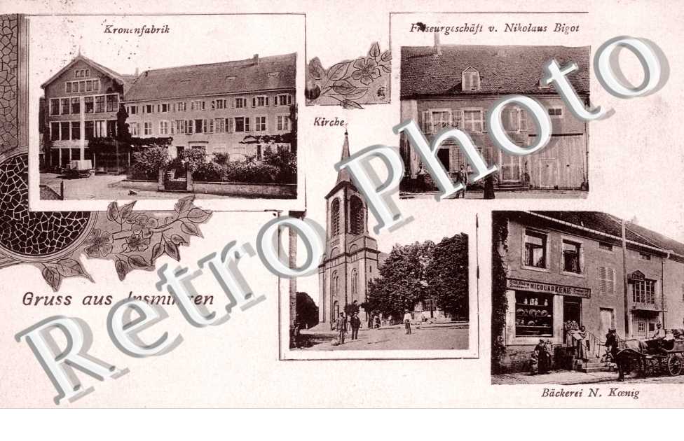 Kirche, Backerei N. Koenig, Kromenfabrik, Gruss aus Insmingen