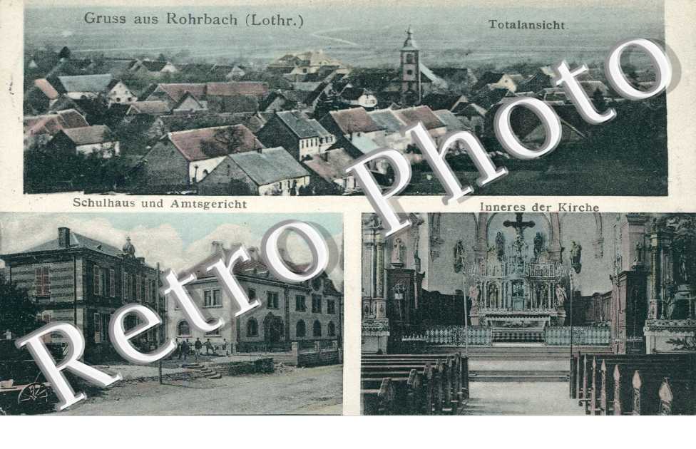 Totalansicht, Schulhaus und Amtsgericht, Inneres der Kirche