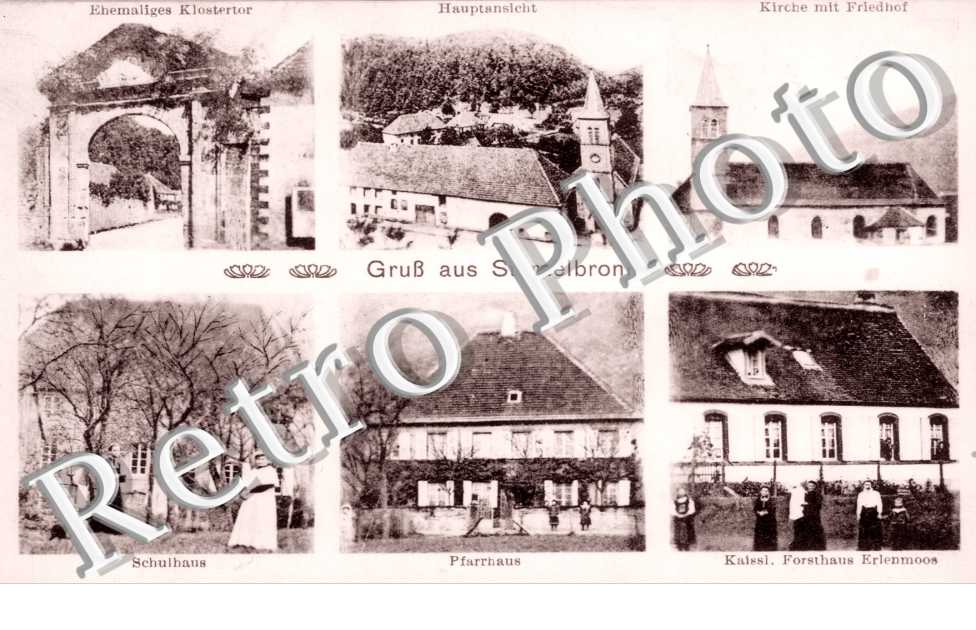 Ehemaliges Klostertor - Hauptansicht -Kirchemit Friedhof - Schulhaus - Pfarrhaus - Kaissl. Forsthaus Erlenmoos