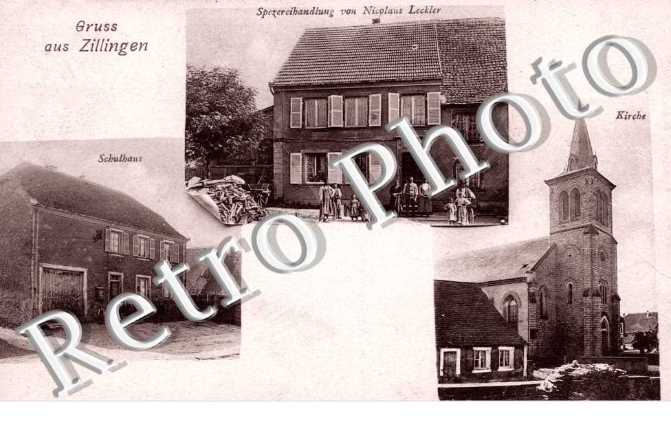 Schulhaus, Kirche, Spezereihandlung von Nicolaus Leckler