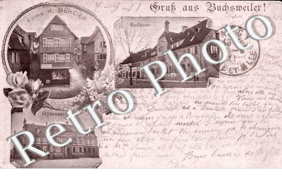 Gruss aus Buchsweiller - Rathaus - Firma H. mercier - Gymnasium