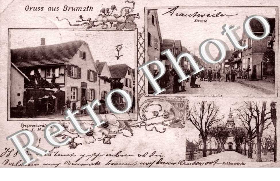 Gruss aus Brumath - Strasse , Schlosskirche, Spezereihandlung