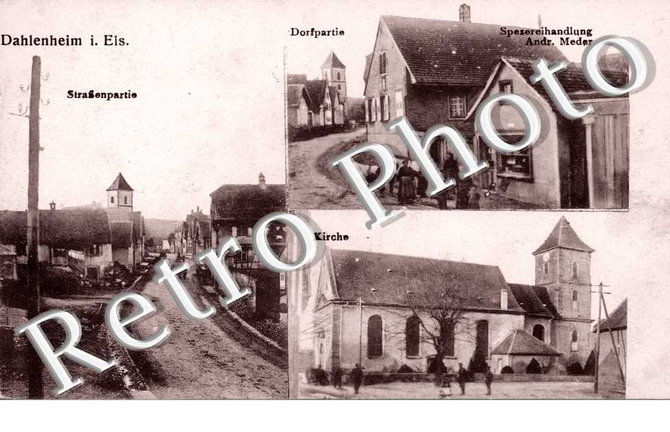 Dorfpartie, Spezereihandlung Andr. Meder, Kirche, Strassenpartie
