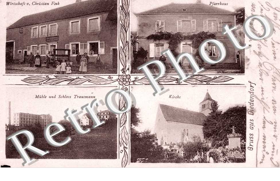 Wirstchaft v. Christian Fink, Muhle und Schloss Traumann, Kirche, Pfarrhaus