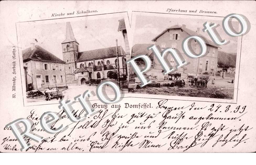 Kirche und Schulhaus, Pfarrhaus und Brunnen