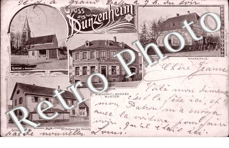 Kirche und Wachtlokal, Schulhaus, Pfarrhaus, Wirtschaft und Wagnerei Harter