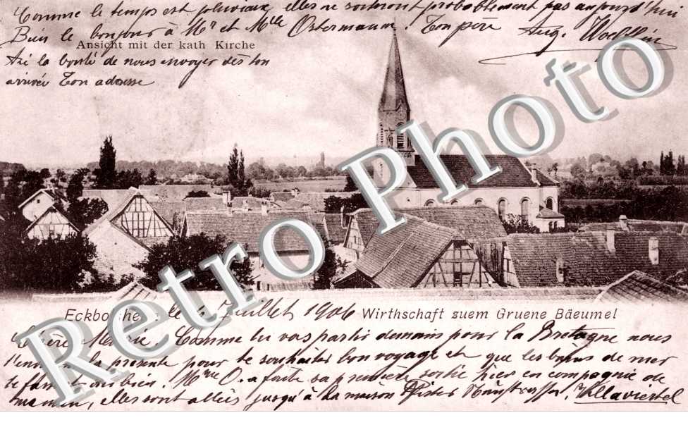 Wirtschaft suem Gruene Baeumel, Ansicht mit der kath Kirche